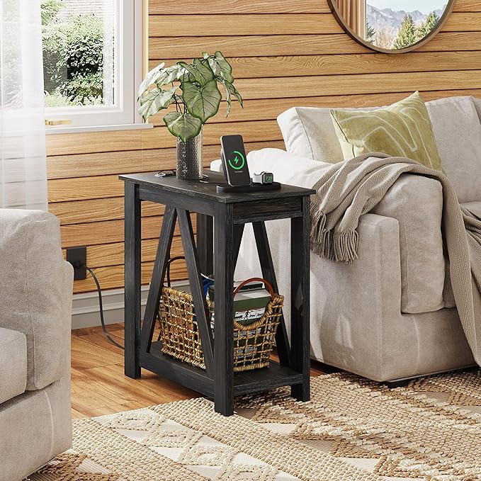 WLIVE Narrow End Table with Charging Station of Open Storage Shelf, Sofa Side - Image 2