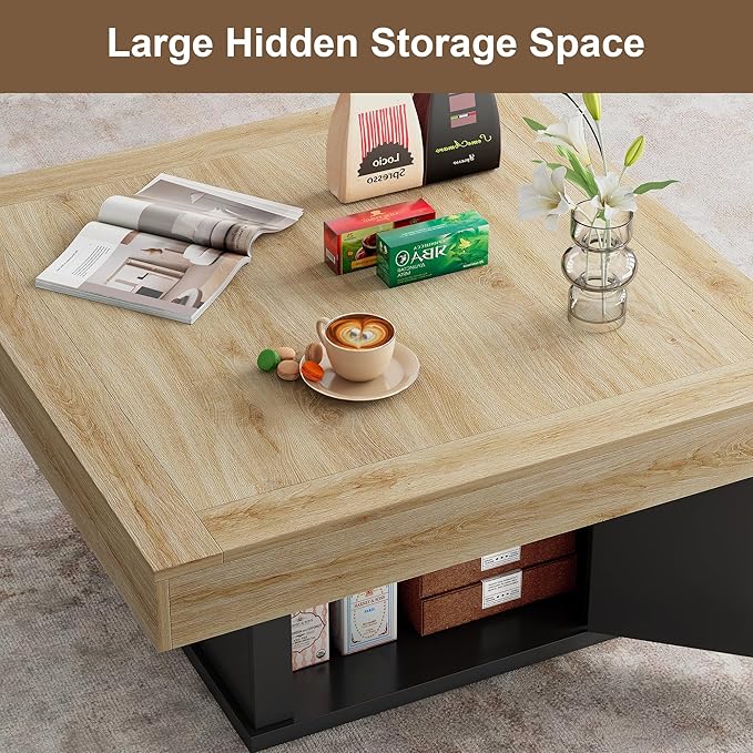 LED Coffee Tables for Living Room, Farmhouse Wood Coffee Table, 33.5" Square - Image 4