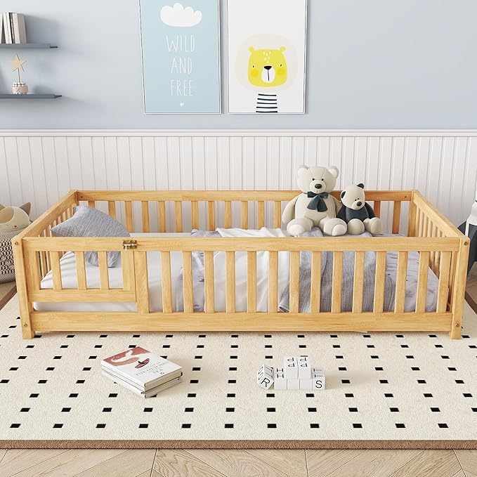 Twin Floor Bed Frame with Slats and Safety Guardrail, Wood Twin Size Montessori - Image 2