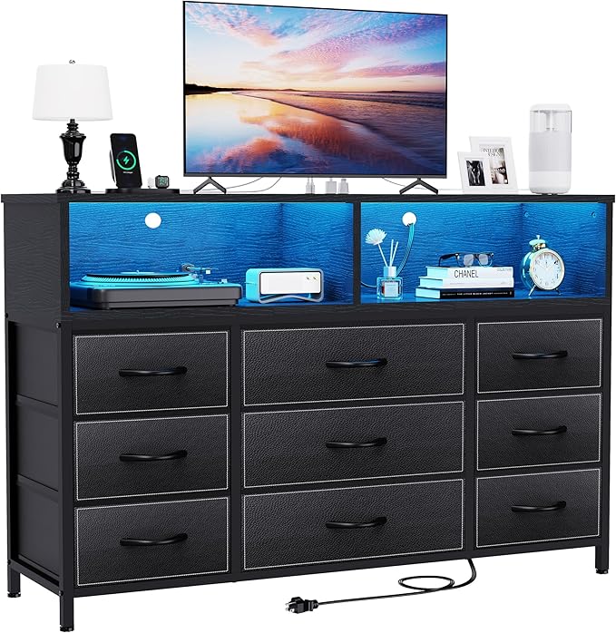 Black Dresser for Bedroom, 9 Drawers Led Dresser TV Stand by eiskah