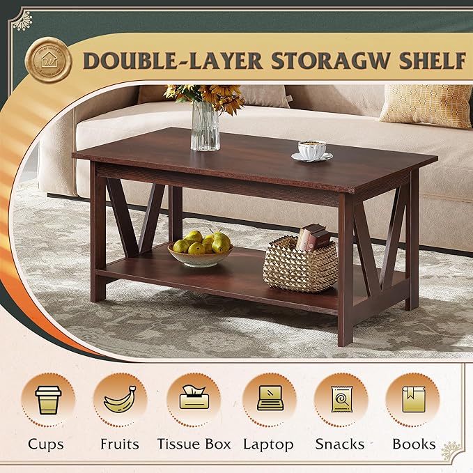 WLIVE Coffee Table with Storage Shelf, 39.4" Farmhouse Coffee Table with - Image 5