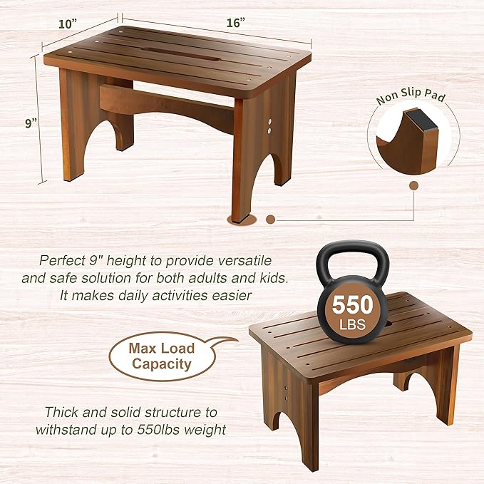 Wooden Step Stool for Adults, Heavy Duty One Step Bedside Stool - Image 2