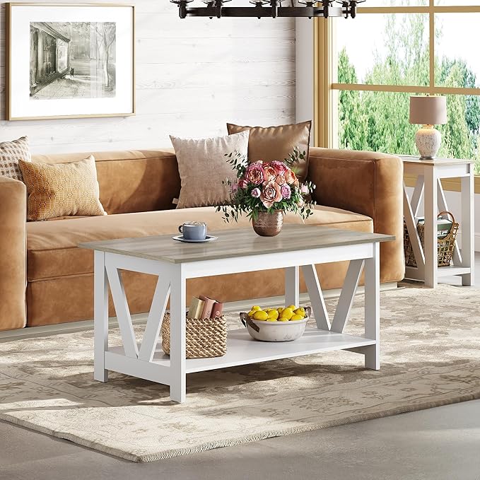 WLIVE Coffee Table with Storage Shelf, 39.4" Farmhouse Coffee Table with - Image 7