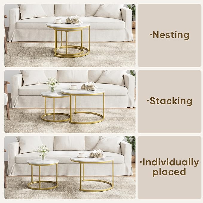 Smuxee White Nesting Coffee Table Set of 2, 27.6" Round Coffee Table Wooden - Image 6