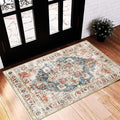 Beige Blue Area Rug 2'x3' Washable Rug Door Mat Vintage Distressed Doormat by CHAMPLANT