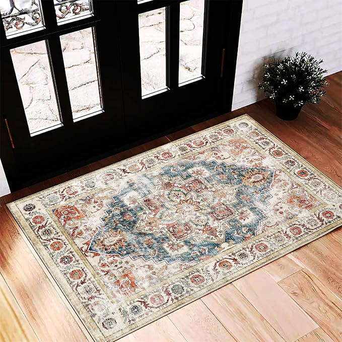 Beige Blue Area Rug 2'x3' Washable Rug Door Mat Vintage Distressed Doormat by CHAMPLANT