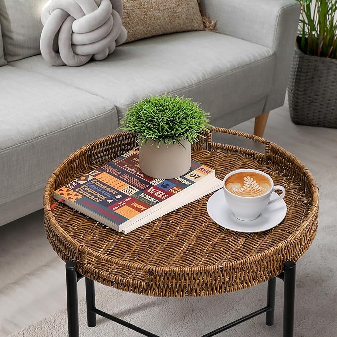 Small Wicker Round End Table, 16.5 in Rattan End Tables - Image 6
