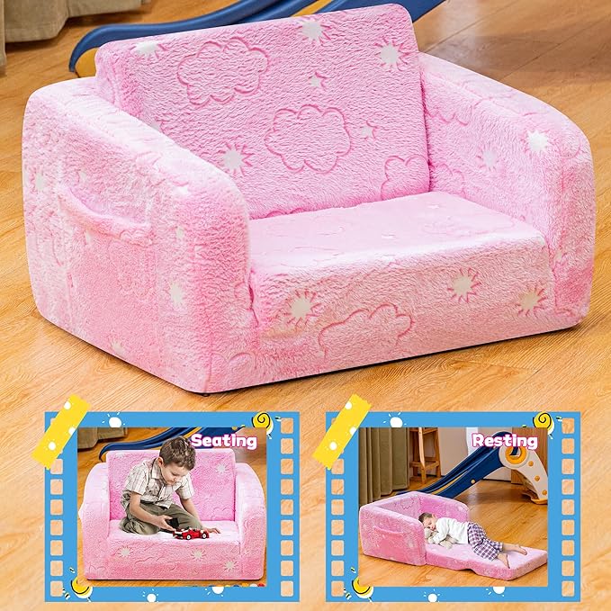 Lamerge 2-in-1 Soft Toddler Couch Fold Out, Foldable Toddler Chair, Glow in The - Image 8