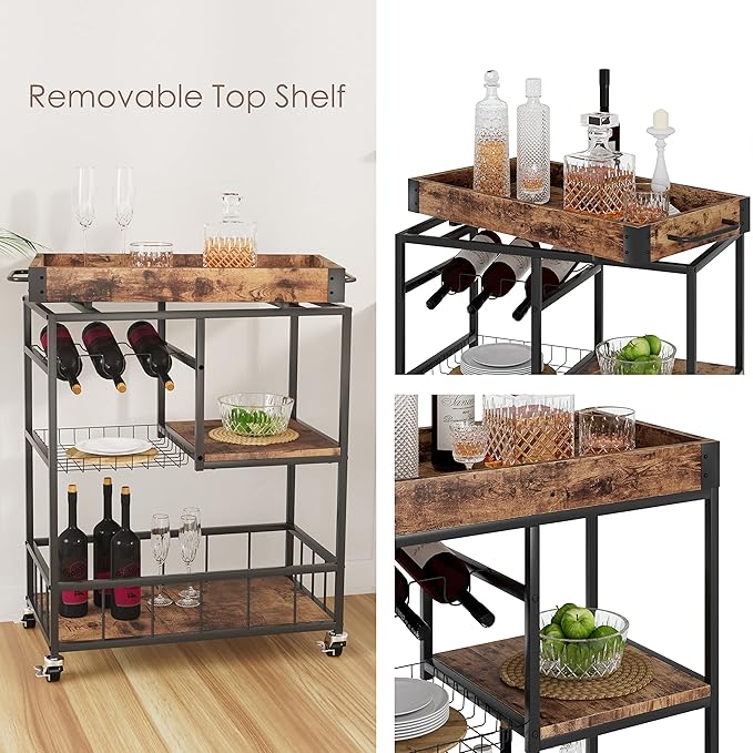 Bar Cart with Basket 3 Tiers Home Rolling Wine Rack with Wheels Mobile Kitchen - Image 3