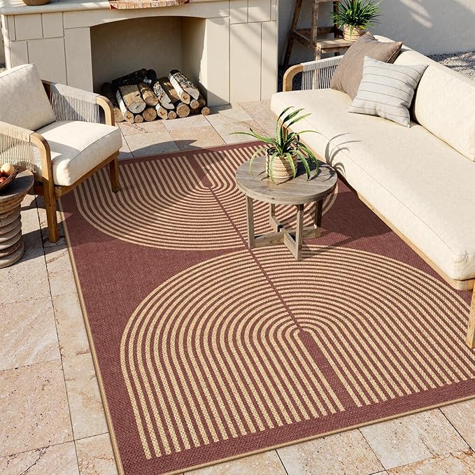 Lahome Modern Rainbow Easy Jute Outdoor Rug 5x7, Stain Resistant Red Dining - Image 2