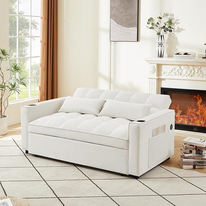 ERYE 64" W Full Size 3 in 1 Convertible Sleeper Sofabed W/Cupholders and USB - Image 3