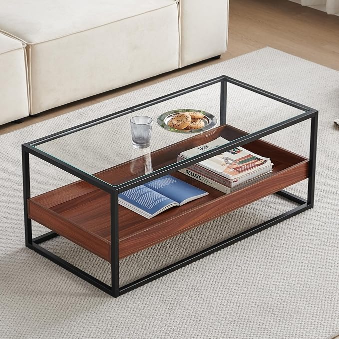 Shrine Glass Coffee Table, Glass and Wood Coffee Table, 39.2" D x 19.5" W x by SHRINELIGHTING