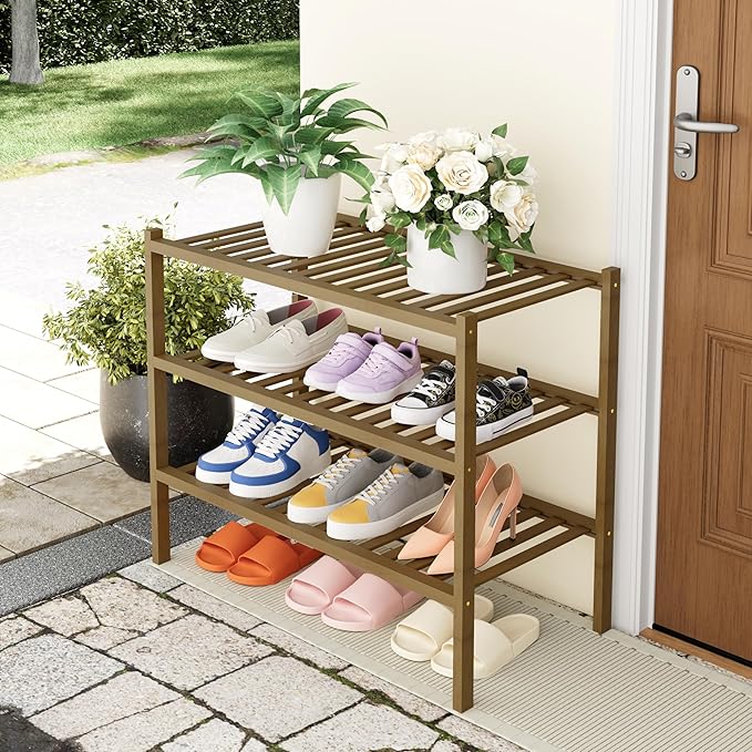 Smiry Shoe Rack, 3 Tier Thick Bamboo Shoe Organizer, Stackable Free Standing - Image 7