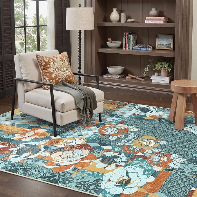 GENIMO 5X7 Floral Area Rugs for Living Room, Machine Washable Non Slip Vintage - Image 3