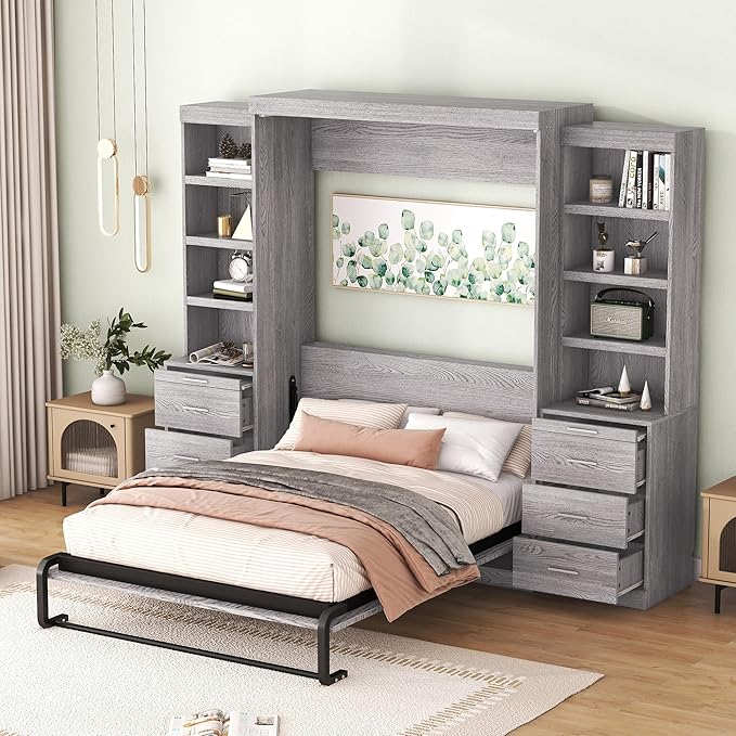 Full Size Murphy Bed with Storage Shelves and Drawers, Easy Fold Wood Wall Bed by Unknown