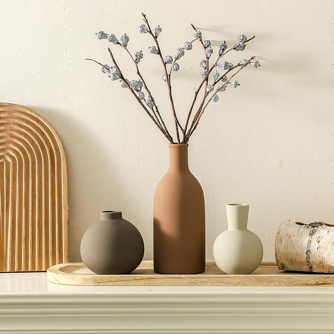Vase Set of 3 | Ceramic Neutral Vases Home Decor | Rustic Flower Pottery Vases - Image 6