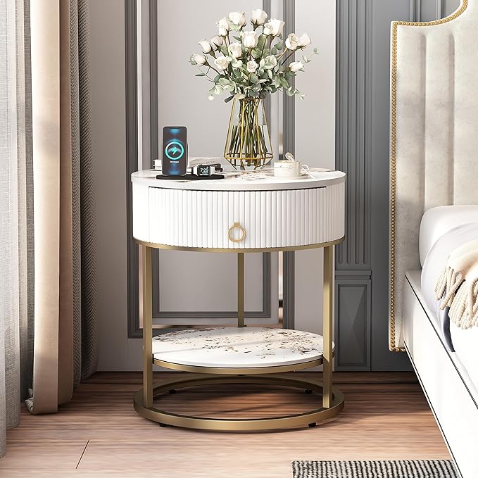 OIOG Round Side Table with Drawer, 2 Tier Night Stand with Shelf, Modern Side - Image 8