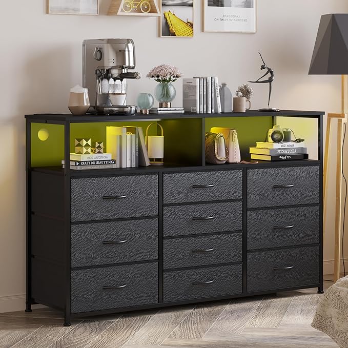 55W 10-Drawers Dresser with 2 Open Storage Shelves, TV Stand Dresser by Unionly