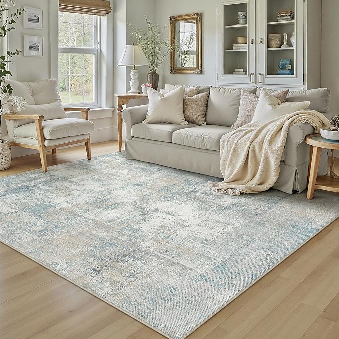 6x9 Washable Area Rug Blue Cream Modern Neutral Abstract Living Room Bedroom - Image 3