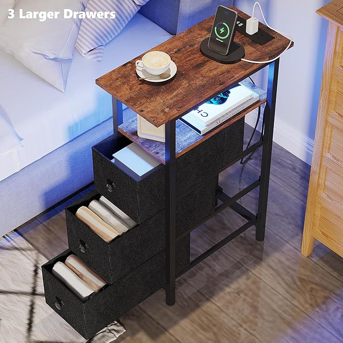 End Table with Charging Station, Narrow Side Table with 3 Fabric Drawers - Image 6