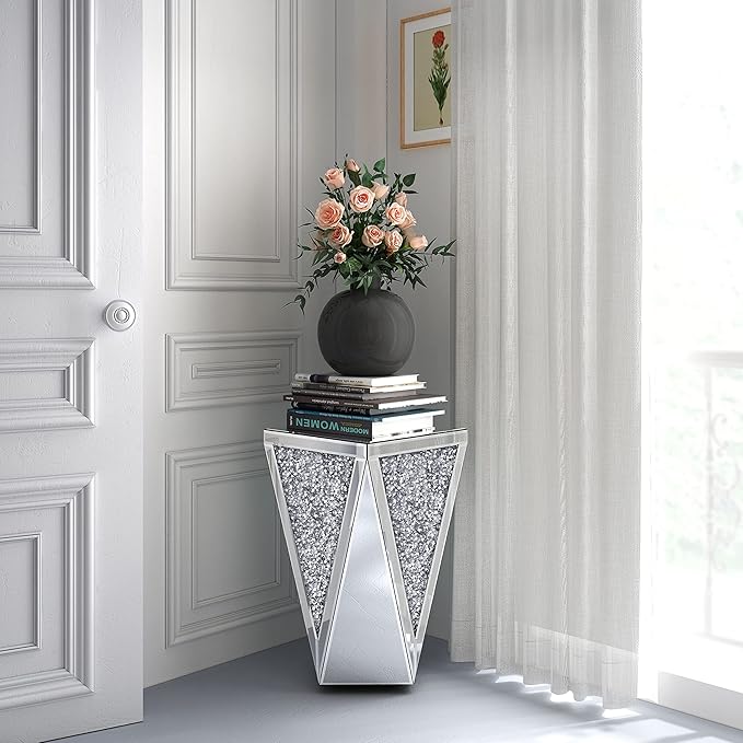 ENENE 19.7" Mirrored End Table Crystal Diamond Setting Coffee Table Silver - Image 4
