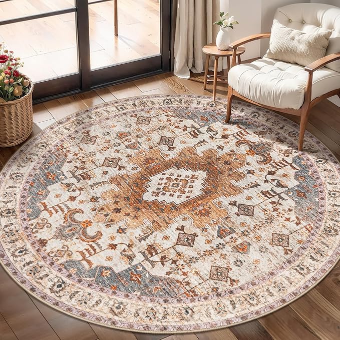 Tangsoo Vintage Round Rug 4ft, Washable Circle Rug, Non Slip Small Boho Round by Tangsoo