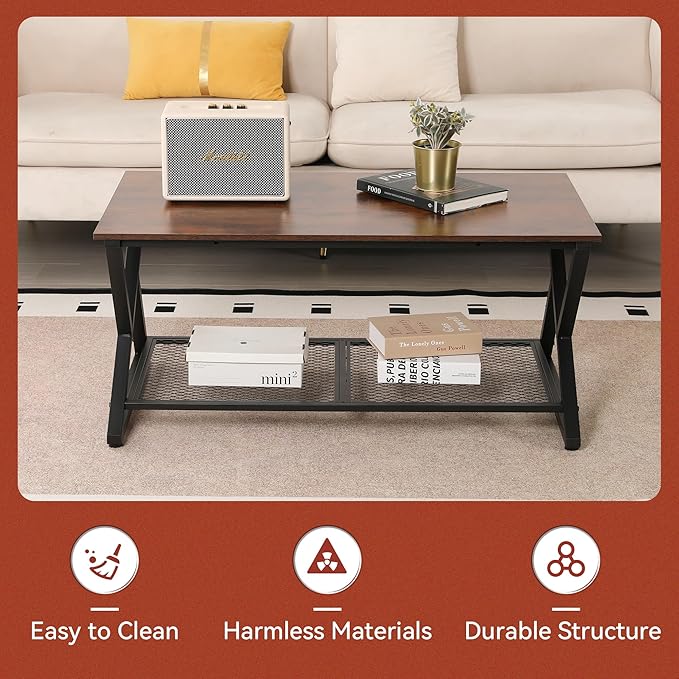 SENIG Coffee Table with Storage Shelf, Industrial Metal Wood Living Room Tables - Image 4