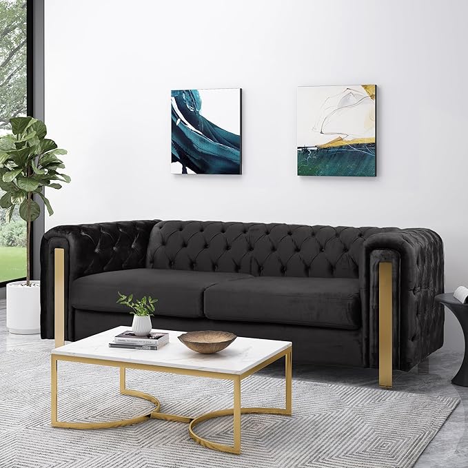 Merax Comfy 3-seat Sofa with Tufted Back and Arm and Gold Iron Legs, Modern by Merax