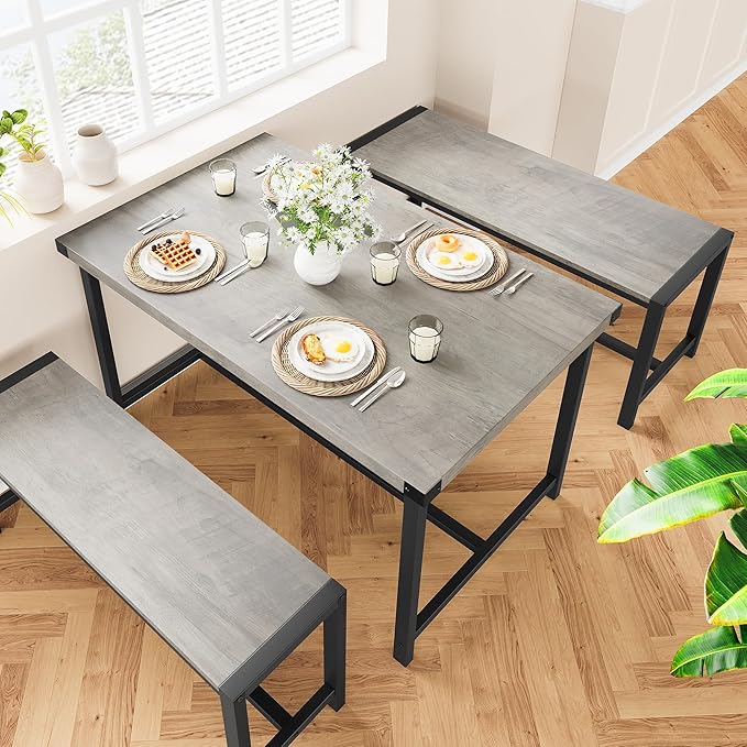 Dining Table Set for 4 with 2 Benches, 3-Piece Kitchen Table Set, Space-Saving - Image 4
