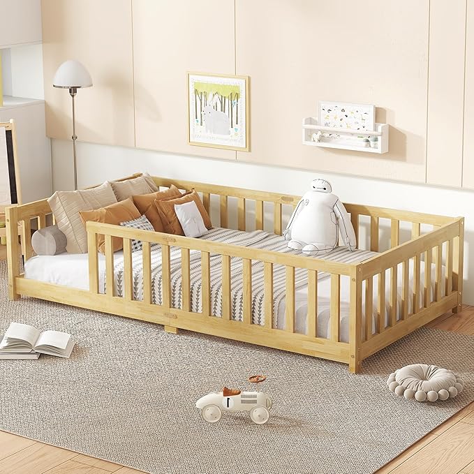Bellemave Twin Floor Bed with Slats and Safety Guardrails, Kids Montessori by Bellemave