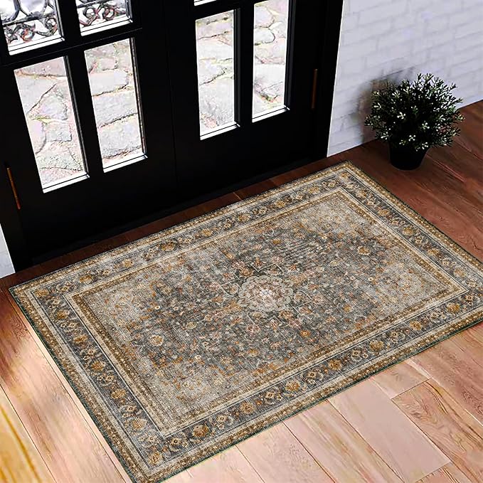 Washable Area Rug 2'x3' Door Mat Vintage Distressed Doormat Indoor Entrance by CHAMPLANT