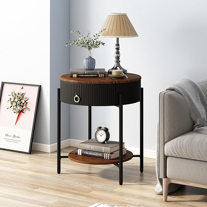 OIOG Modern Side Table with Drawer, Industrial 2 Tier End Table with Shelf - Image 6