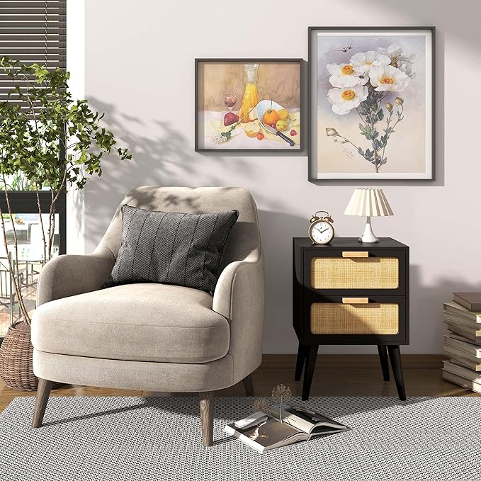 Rattan Nightstand Set of 2, Mid Century Modern Bedside Table - Image 5