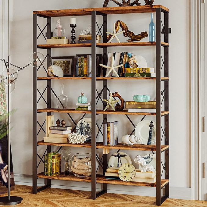 IRONCK Bookshelf Double Wide 6-Tier 76" H, Open Large Bookcase, Industrial - Image 4