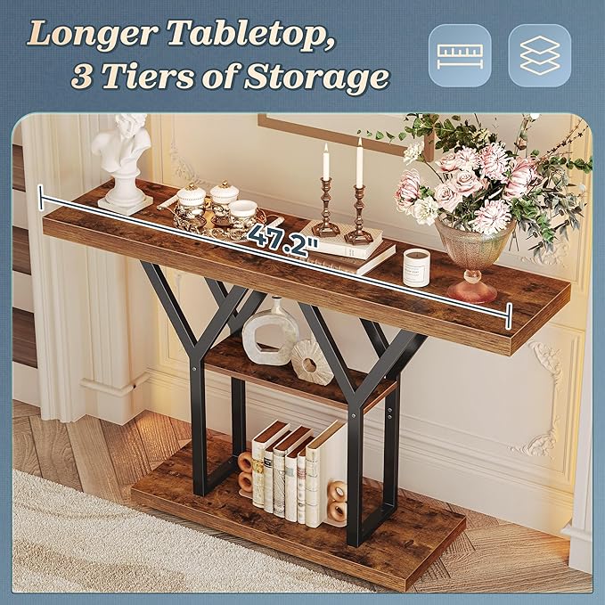 Huuger 47.2 Inch Entryway Table, Industrial Console Sofa Table, 3 Tier Accent - Image 4