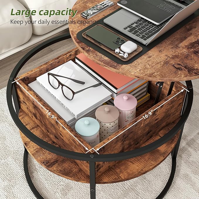 Round Lift Top Coffee Table, Coffee Tables Living Room, Wood Farmhouse Coffee - Image 5