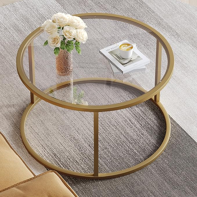 SAYGOER Small Glass Coffee Table Round Gold Coffee Table - Image 2