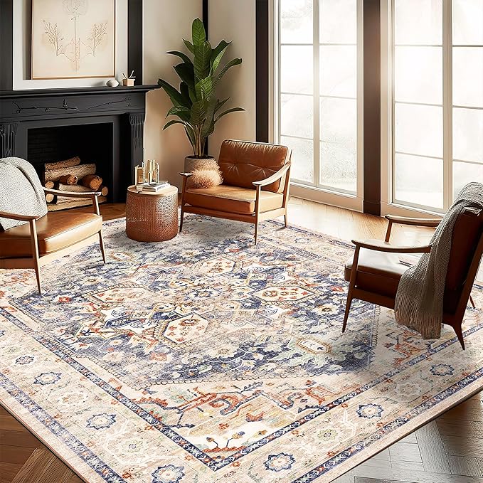 Washable Area Rug 9'x12' Blue Khaki Retro Flowers Boho Design Non-Shedding Easy by CHAMPLANT