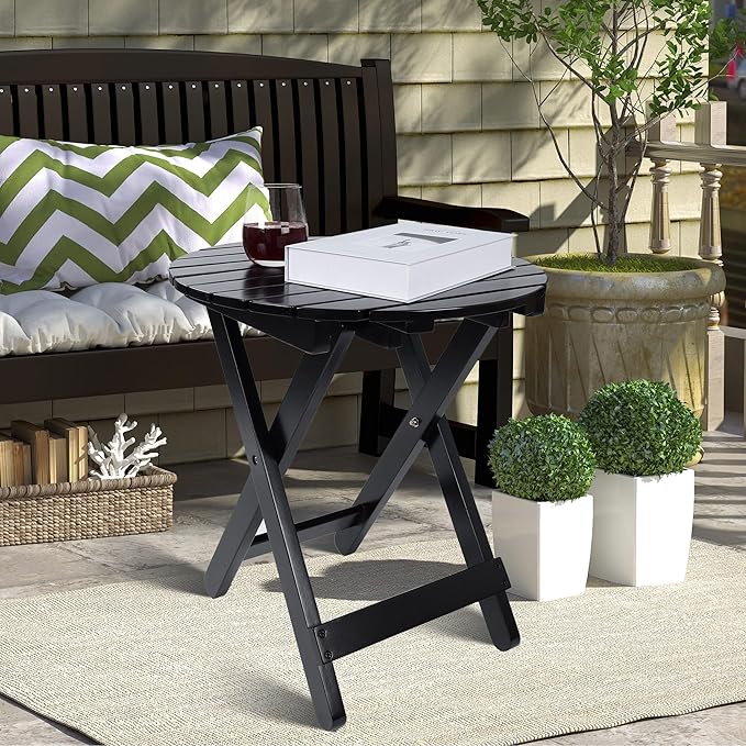 Outdoor Patio Side Table Set of 2 Small Folding Wood Round End Table Coffee - Image 4