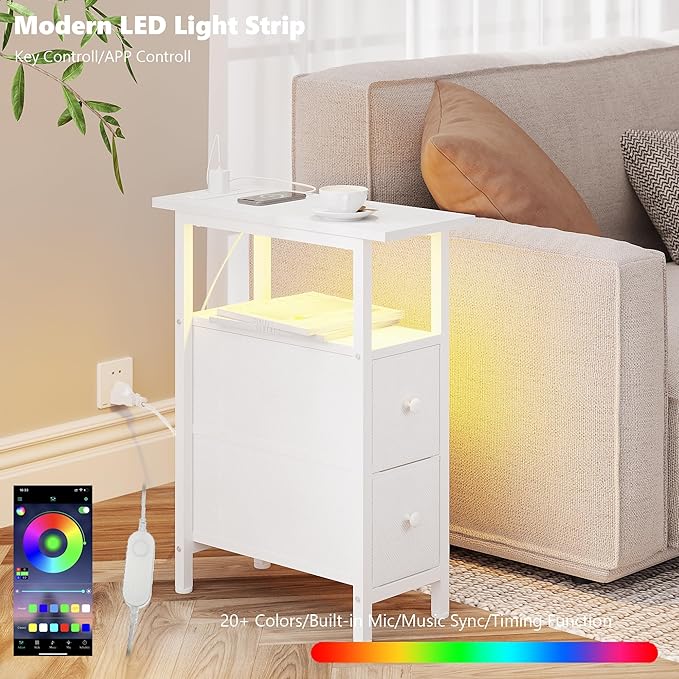 End Table Set 2 with Charging Station, Narrow Side Table with 2 Fabric Drawers - Image 4