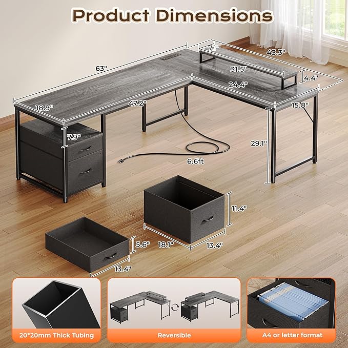PRAISUN 63 Inch L Shaped Desk - Image 2
