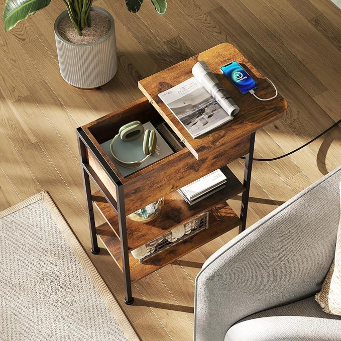 WLIVE End Table with Charging Station, Flip Top Side Table with Storage Shelf - Image 4