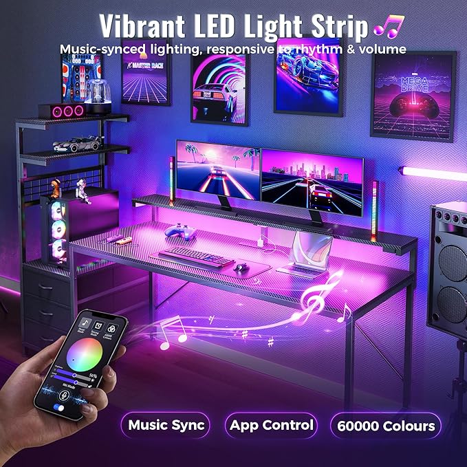 PRAISUN 68" Gaming Desk with LED Lights & Outlets, Computer Desk with 3 Fabric - Image 4