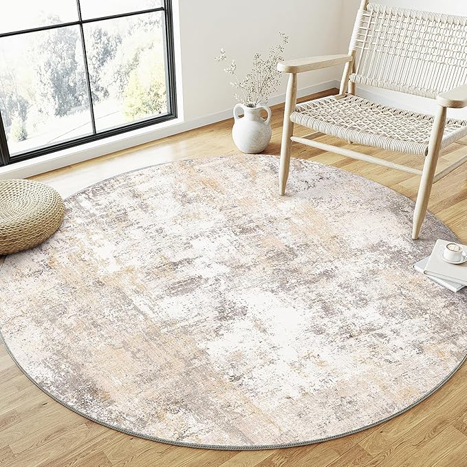 3x3 Washable Round Rug Beige Grey Neutral Abstract Entryway Non Slip Low Pile - Image 2