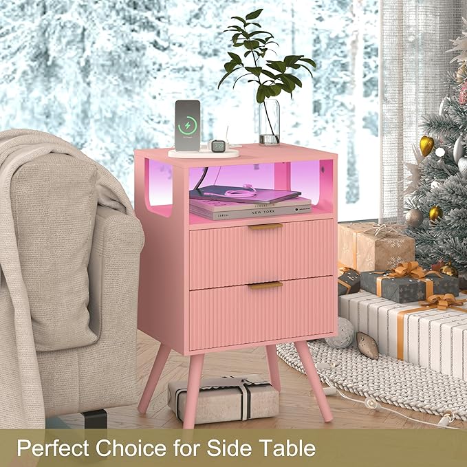 Pink Nightstand with Charging Station and LED Lights, Modern Bedside Table with - Image 7