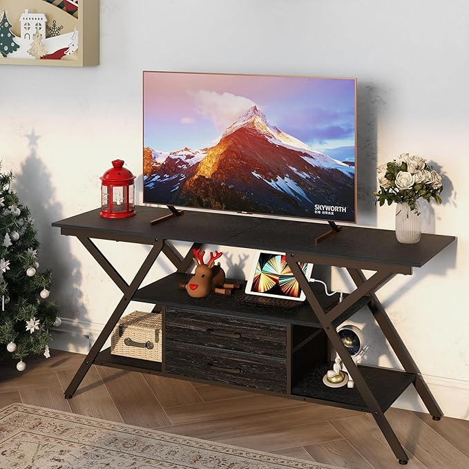 TV Stand with Power Outlet and LED Lights, Fits TVs up to 65”, 2 Fabric Drawers - Image 3