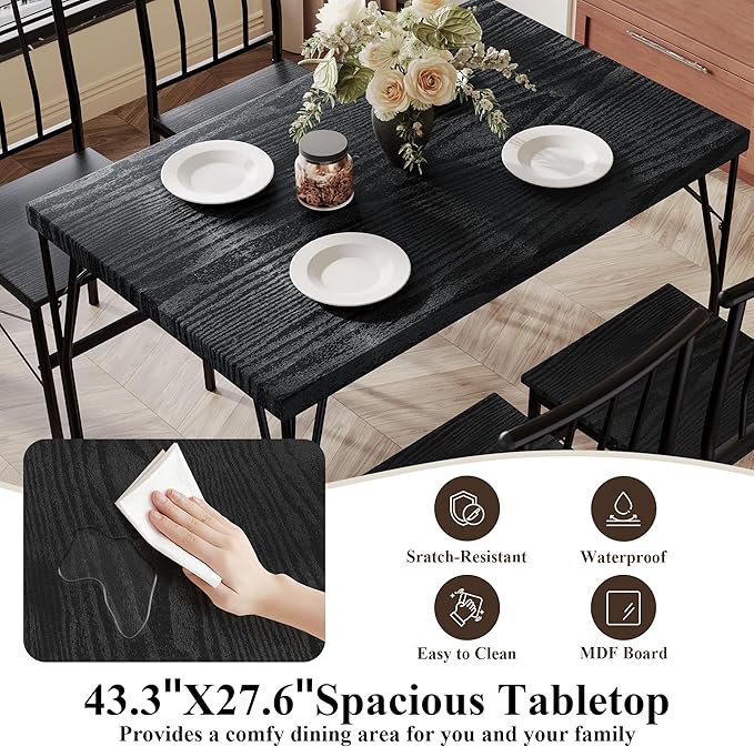 5 Piece Dining Table Set with 1.6" Thick Desktop, Modern Metal&Wood Kitchen - Image 6
