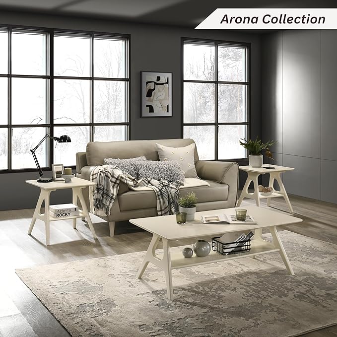 Roundhill Furniture Arona Mid-Century Modern Wood Shelf Coffee Table, Off-White - Image 7