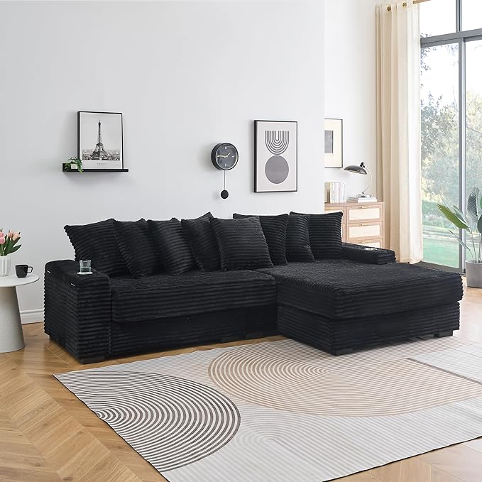 KEIKI 114" Corduroy Sofa with Cup Holders & Storage, L Shaped Sleeper Cloud - Image 5
