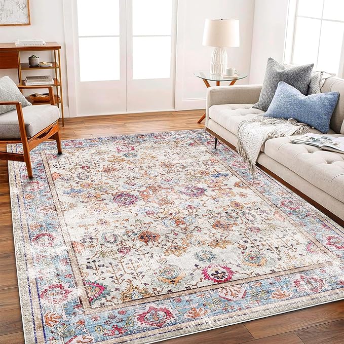 Washable 9'x12' Area Rug Vintage Traditional Distressed Indoor Foldable Thin by CHAMPLANT